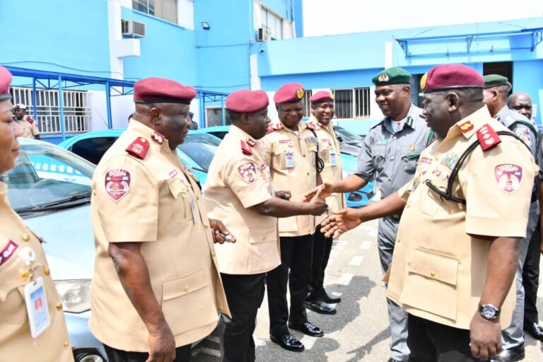 Corps Marshal, Federal Road Safety Corps (FRSC), Mr Dauda Biu introducing FRSC management team to the Acting Comptroller General, NCS, Mr Bashir Adeniyi at the FRSC headquarters Abuja on Thursday